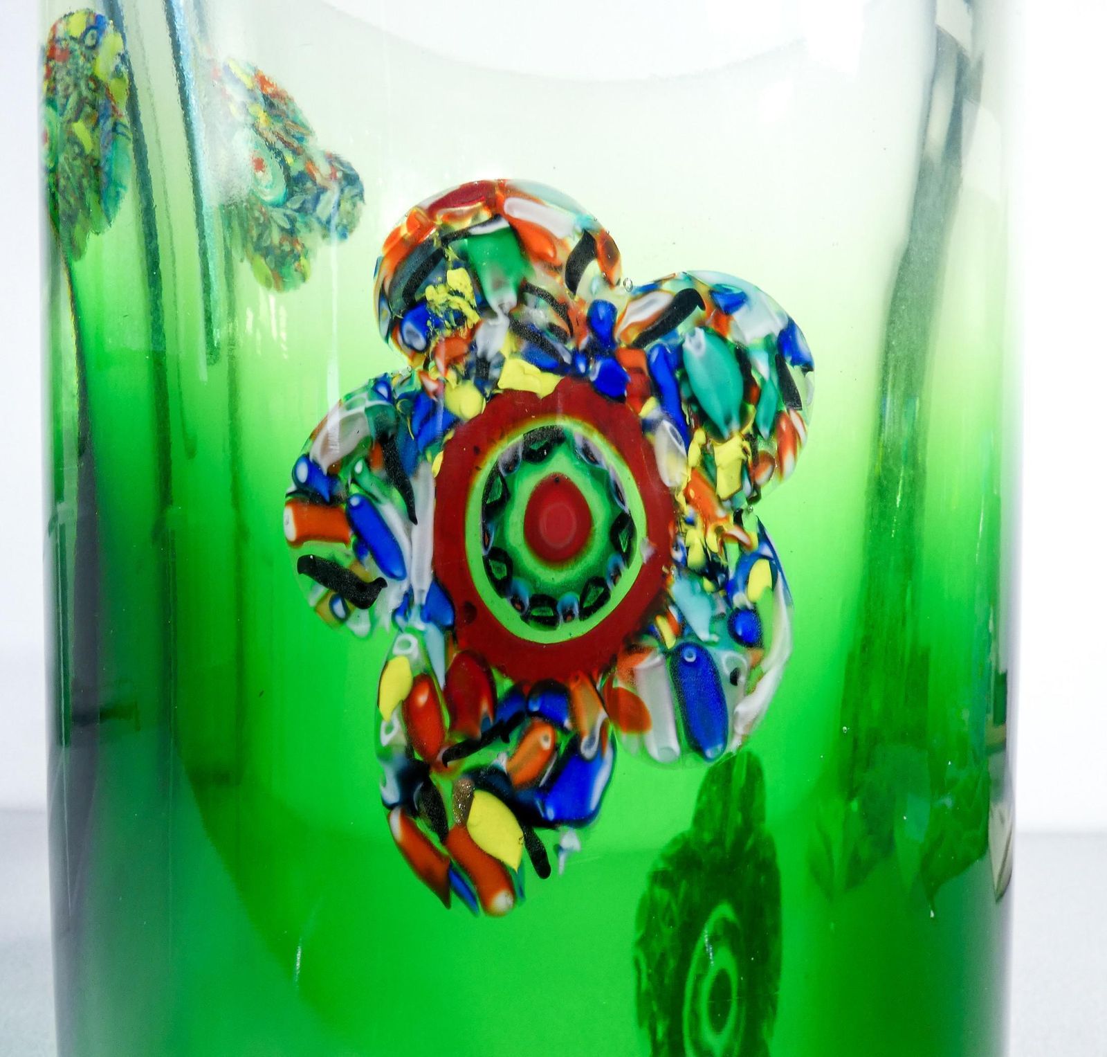 Large Murano Blown Glass Vase Decorated With Flowers And Murrine. 1990s photo vinterior