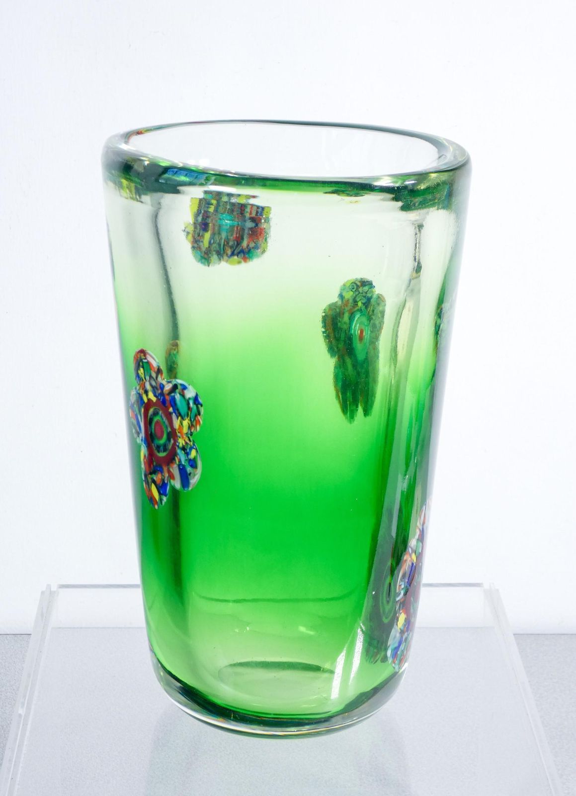 Large Murano Blown Glass Vase Decorated With Flowers And Murrine. 1990s photo buy