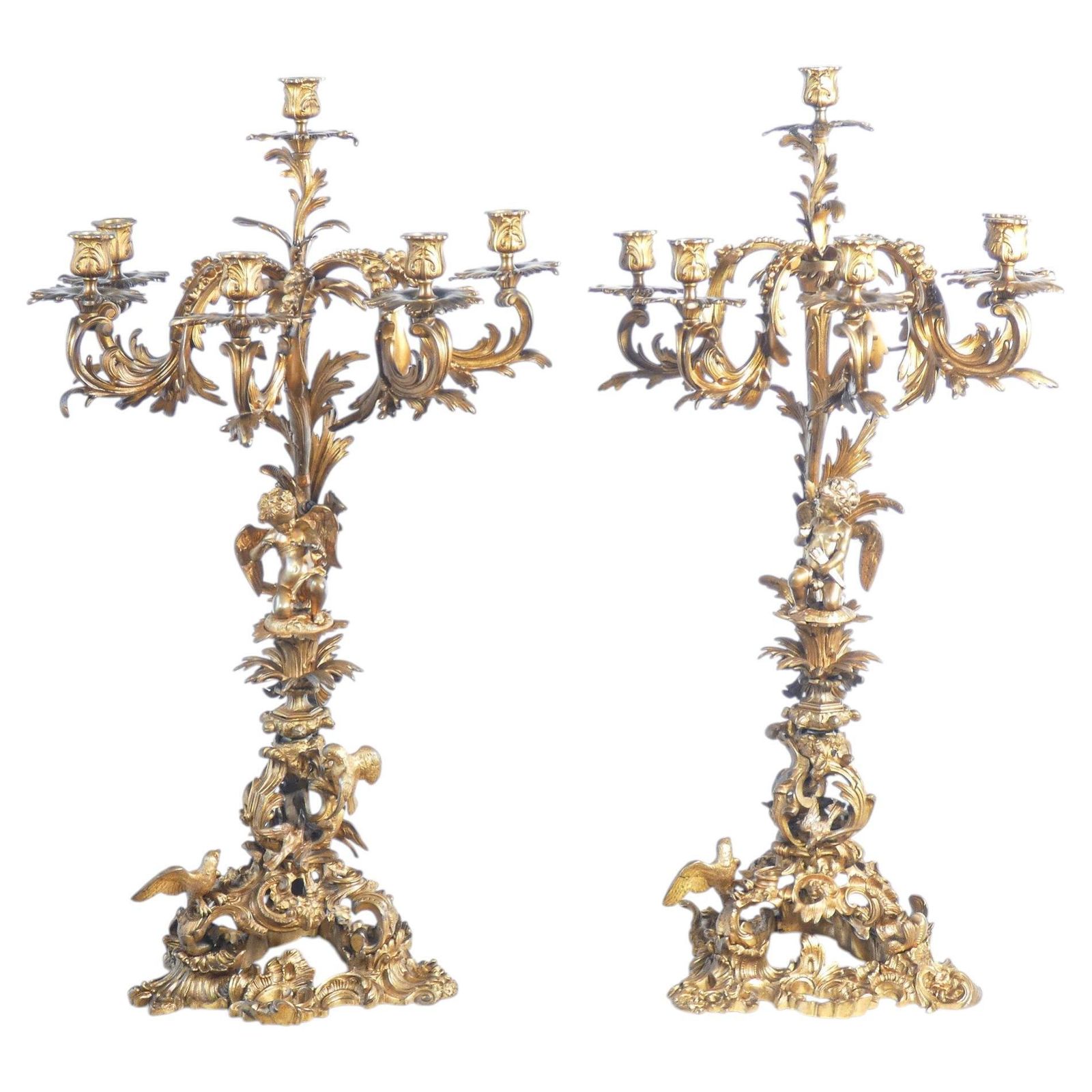 Pair Of Large Six Lumen Napoleon III Candelabra In Gilded Bronze. Mid 1800s