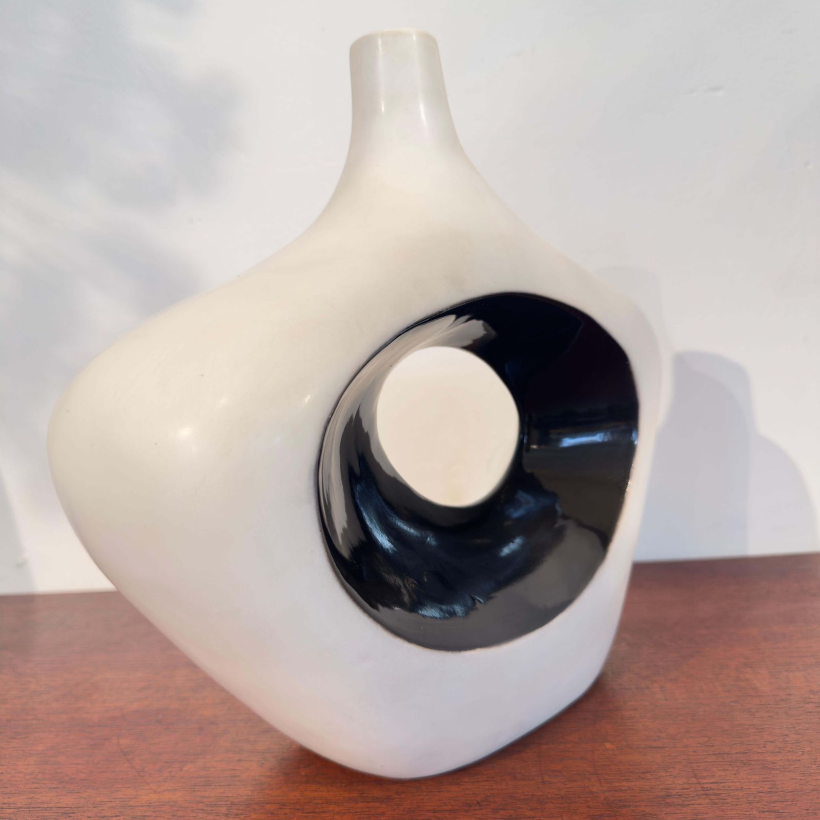 Mid Century Modern Abstract Ceramic Vase, Black And White Glaze, Italy, 1980s photo for sale