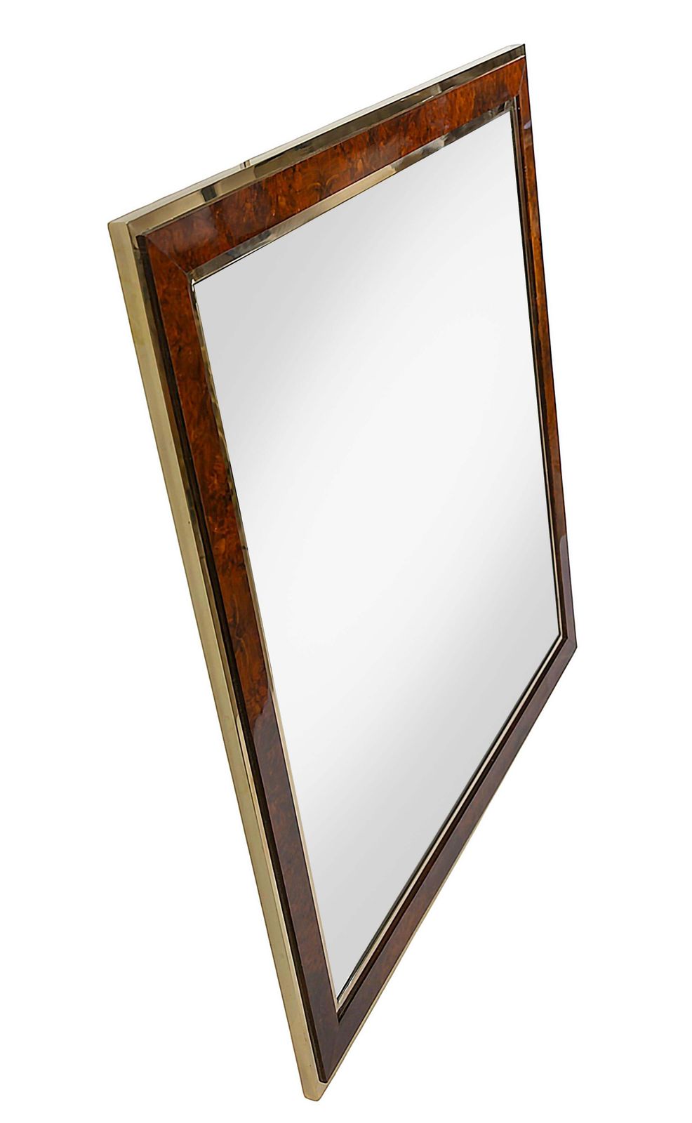Mid Century Italian Wall Mirror, Brass Frame With Wood Veneer, 1970 photo for sale
