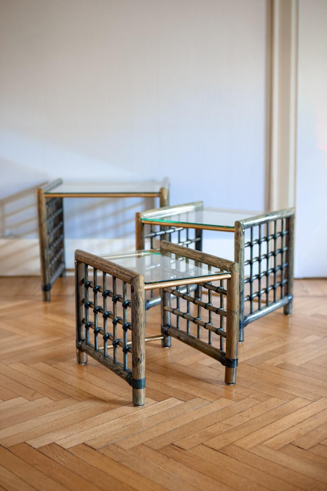 Set Of 3 Nesting Bamboo Tables With Glass Top By Gallotti & Radice   Italy, 1970s photo for sale