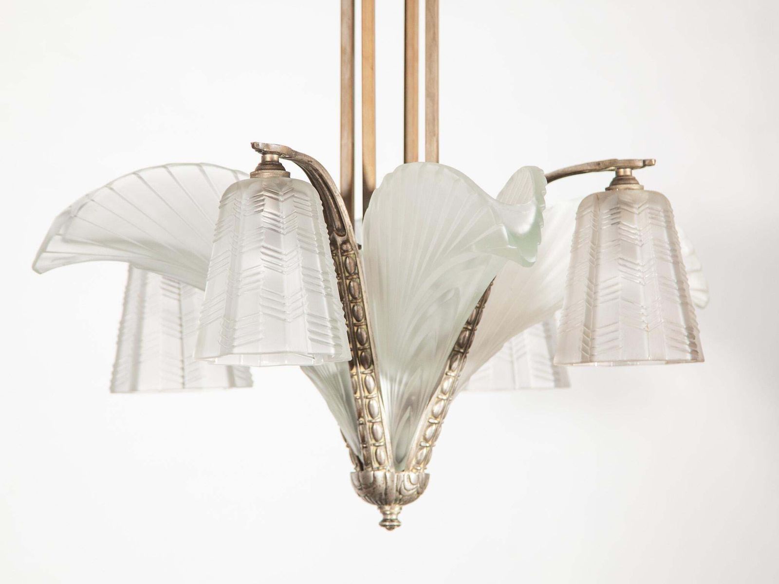 Art Deco Chandelier, Silvered Bronze & Art Glass, France, 1930 photo for sale