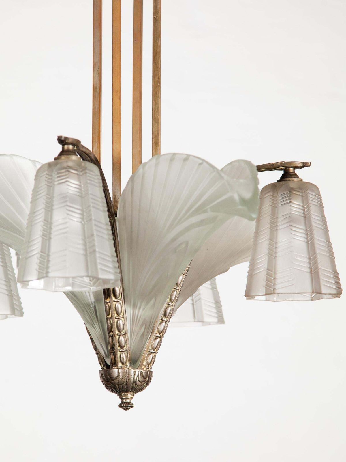 Art Deco Chandelier, Silvered Bronze & Art Glass, France, 1930 photo vinterior