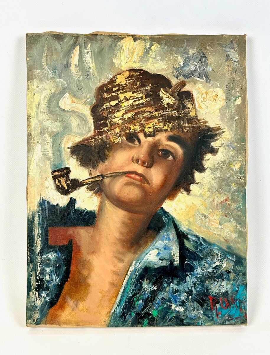 R. Landi, Boy With Pipe And Straw Hat, Oil On Canvas, 1960s, Framed photo Art