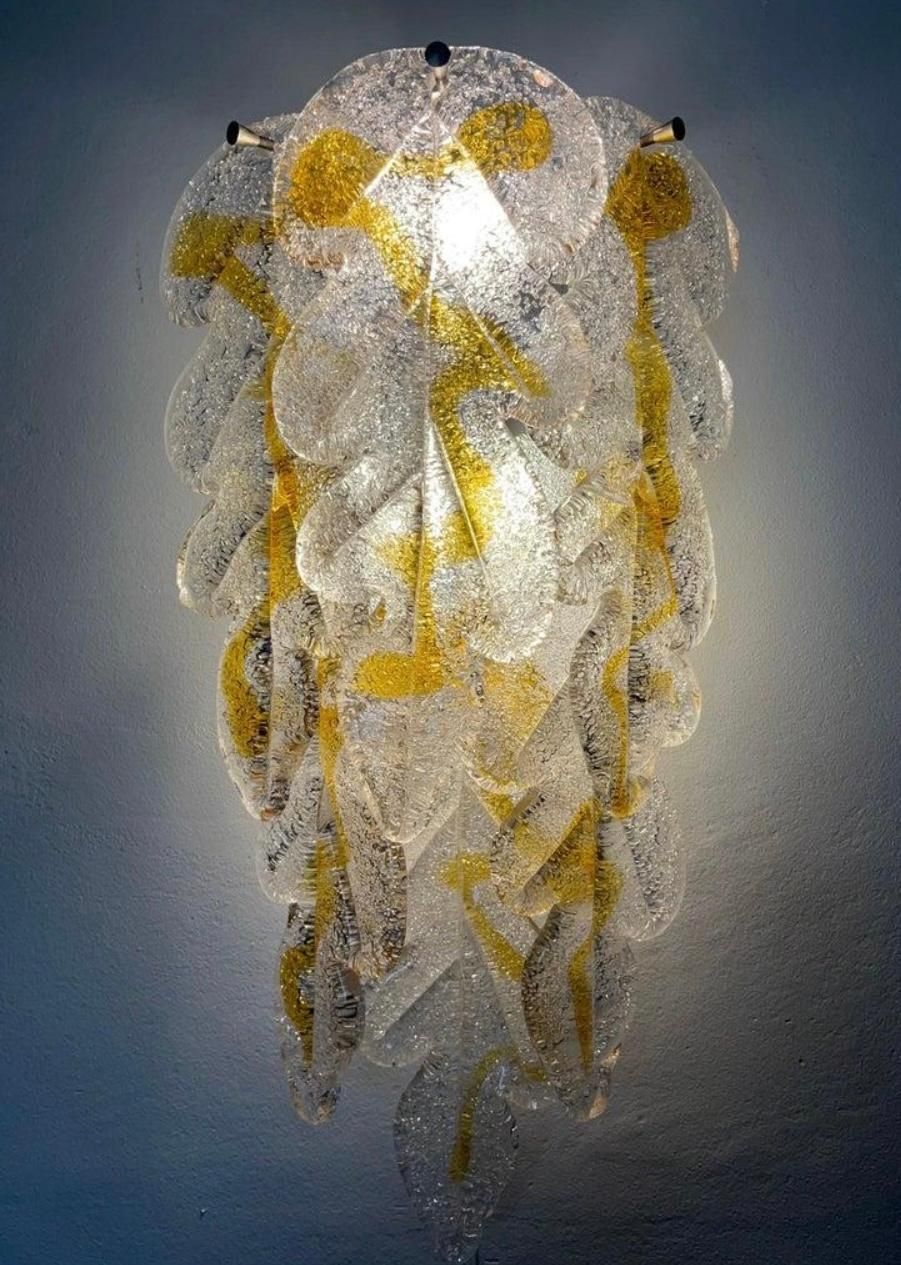 Italian Midcentury Set Of Three Leaf Murano Wall Sconces By Mazzega, 1970s photo for sale
