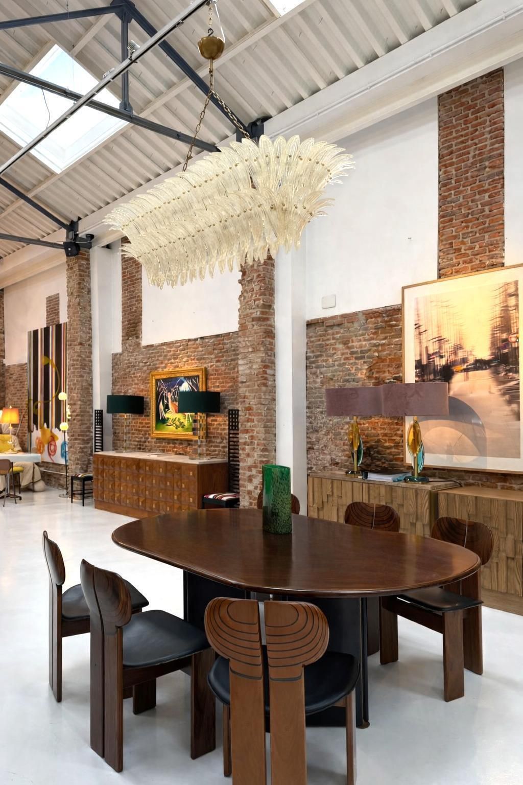 7016.0 Mid Century Style Transparent Murano Glass And Brass Italian Suspension Lamp photo
