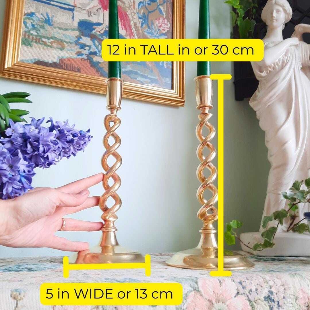 Truly Antique Victorian Open Barley Twist Brass Candle Holder Pair 1800s 12'' Tall photo furniture