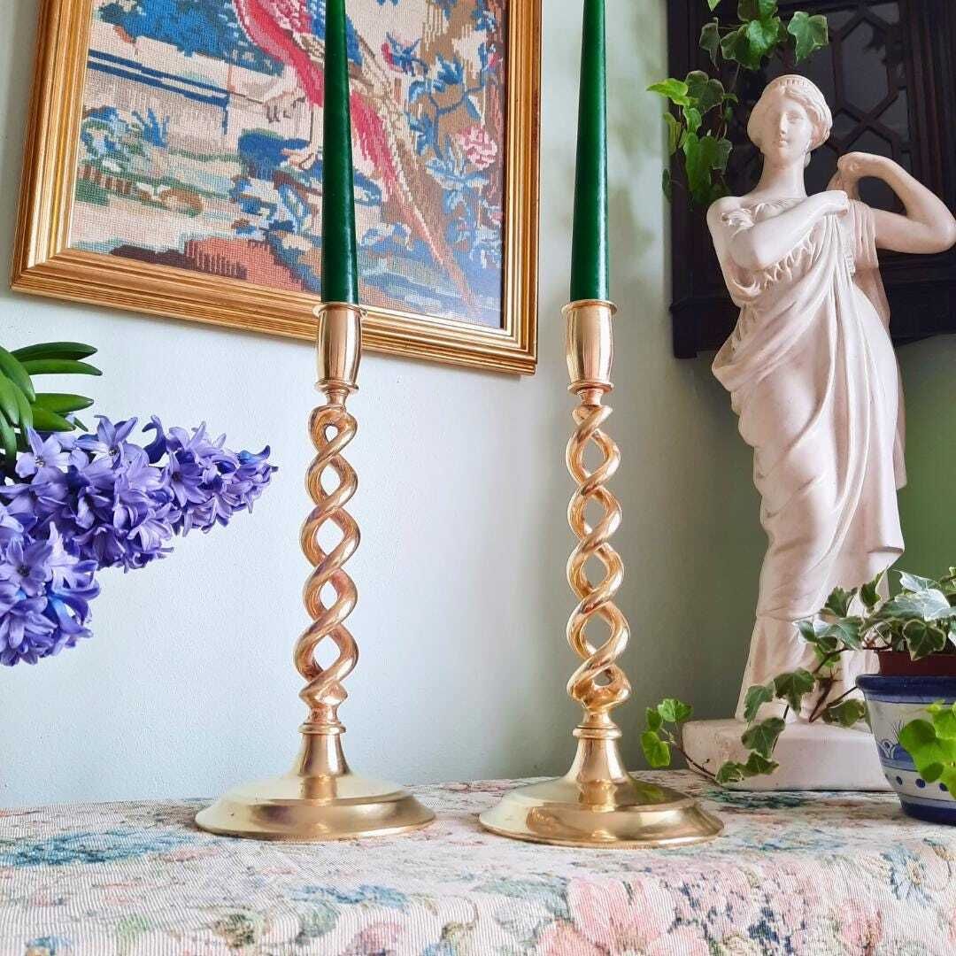 Truly Antique Victorian Open Barley Twist Brass Candle Holder Pair 1800s 12'' Tall photo 100.0
