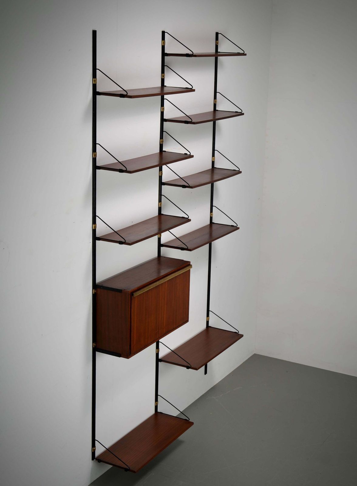 photo vinterior High Modular Wall Unit With Dry Bar In Wood, Metal And Brass, Italy, 1960's