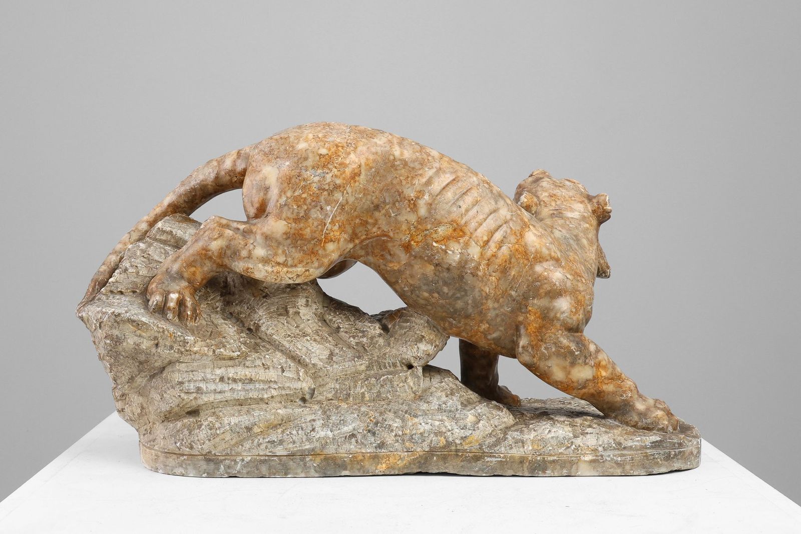 Belgian Artist, Large Statue Of A Lynx, 1960s, Marble photo vintage