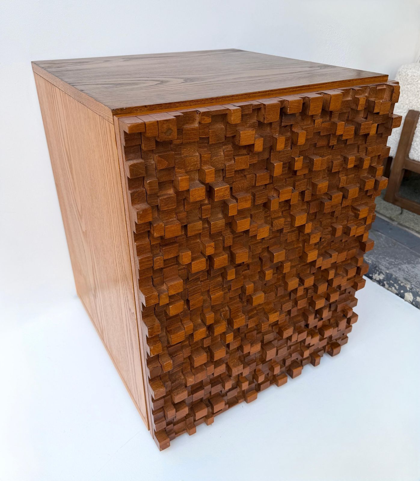 Contemporary Pair Of Wood Marquetry Cube Bedside Tables. Italy photo vintage