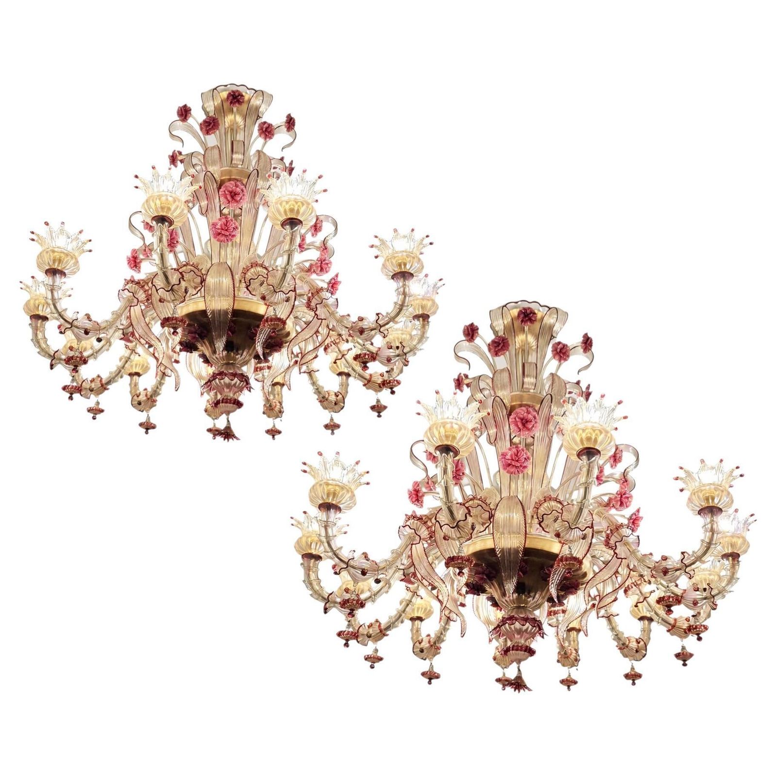 Pair Of Rezzonico Chandeliers Glass Gold Inclusions, Murano