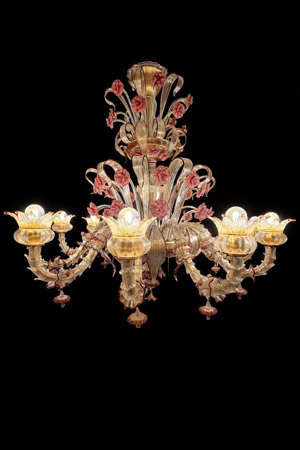 Pair Of Rezzonico Chandeliers Glass Gold Inclusions, Murano photo for sale