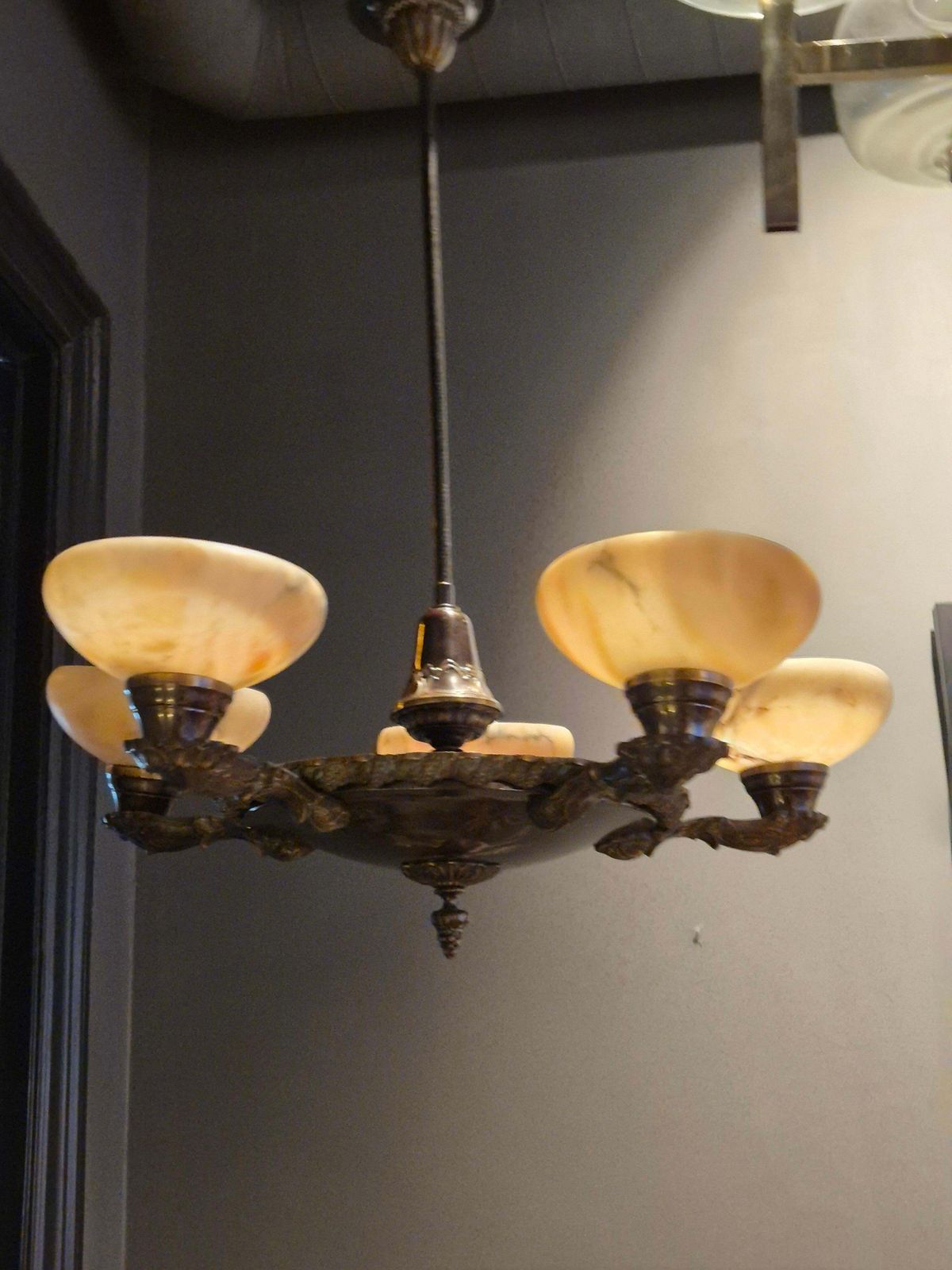 Decorative Early 1900s Chandelier, Bronze And Alabaster, Swedish Jugend. photo for sale