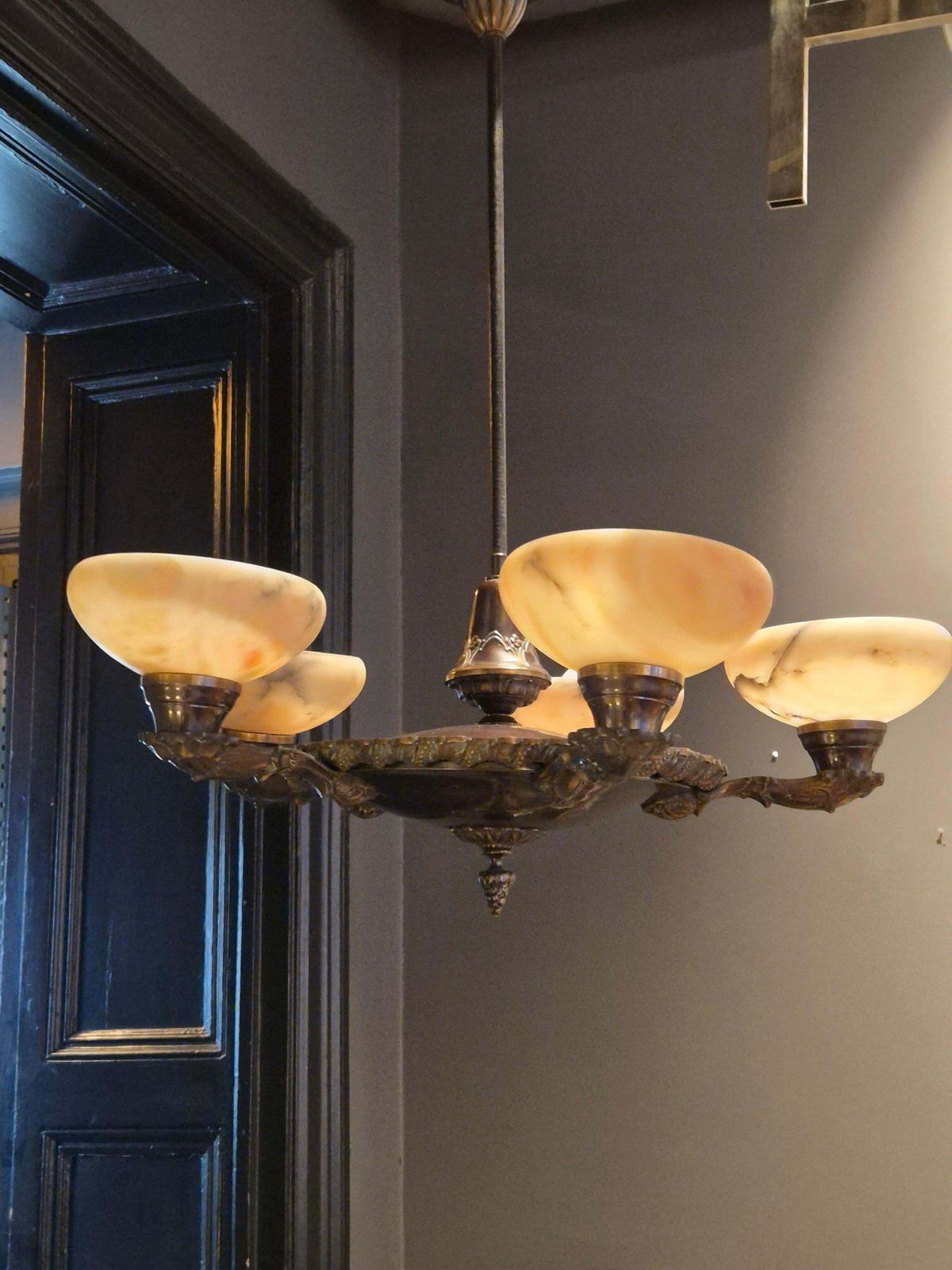 Decorative Early 1900s Chandelier, Bronze And Alabaster, Swedish Jugend. photo Lighting