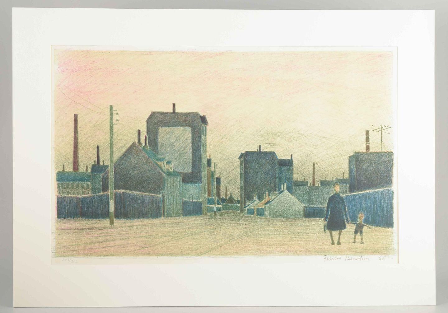 Folmer Bendtsen, Danish Artist. Color Lithograph. Working Class District. 1966 photo furniture