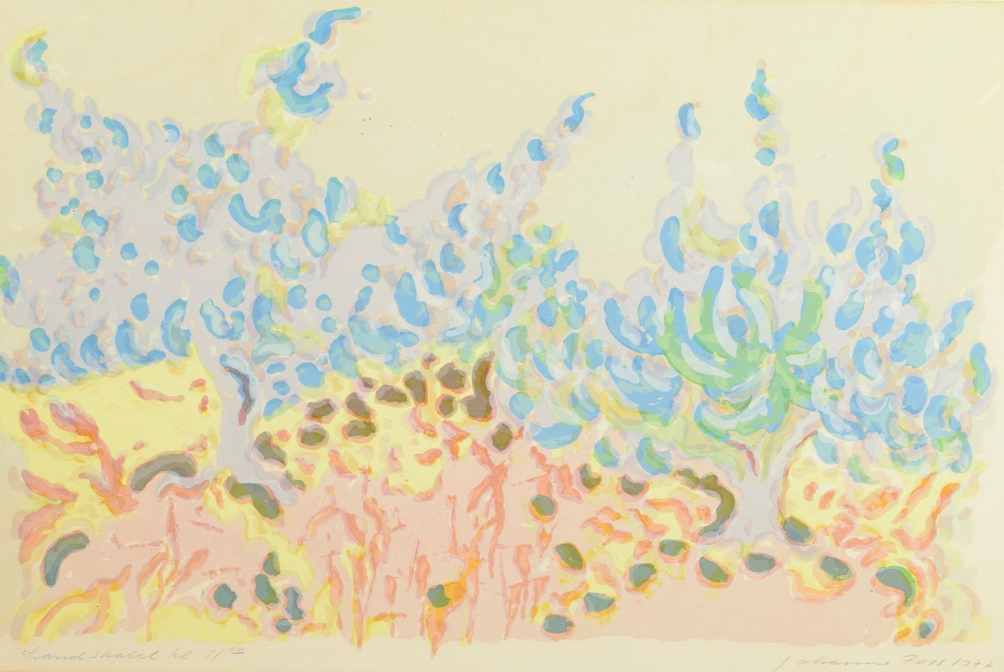 Johanne Foss, Danish Artist. Color Lithograph On Paper. Abstract Landscape. 1977