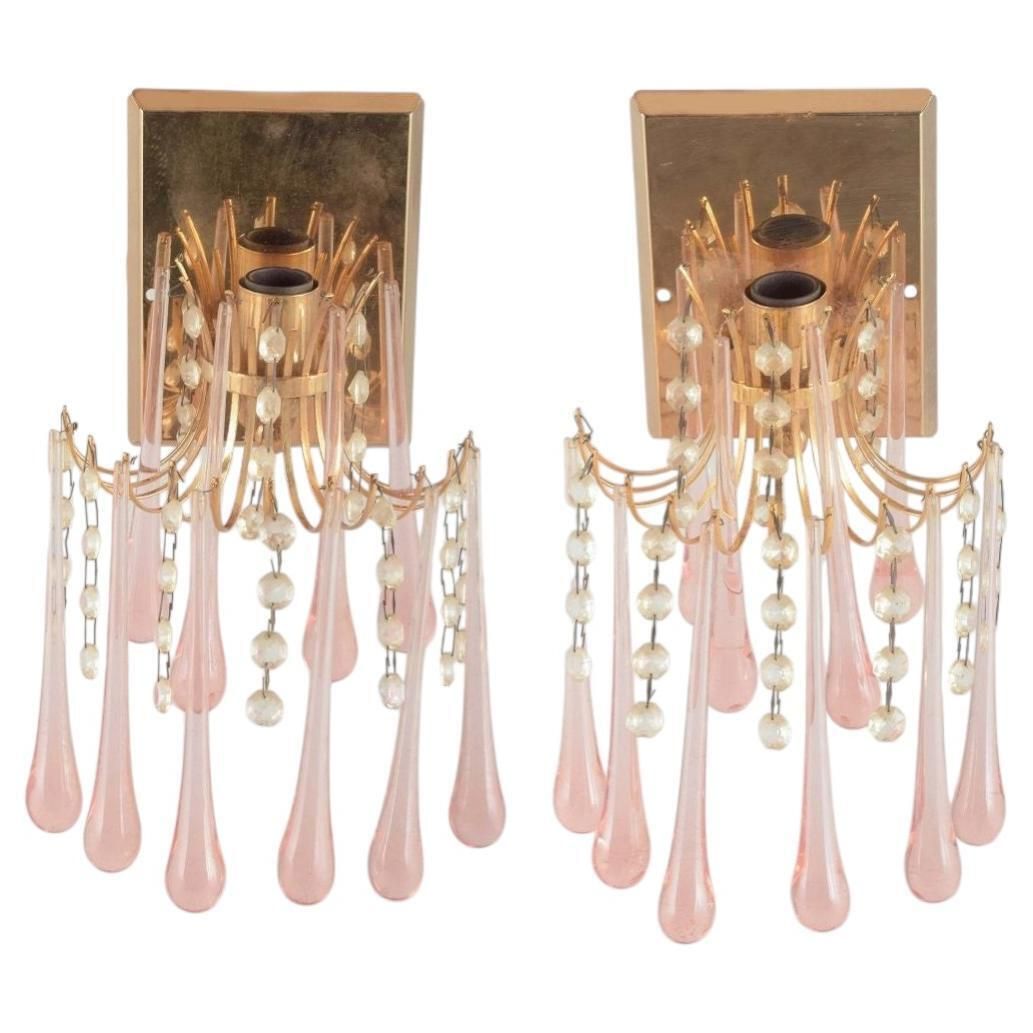 Murano. Pair Of Elegant Wall Lamps In Brass With Art Glass Prisms. 1960s/70s