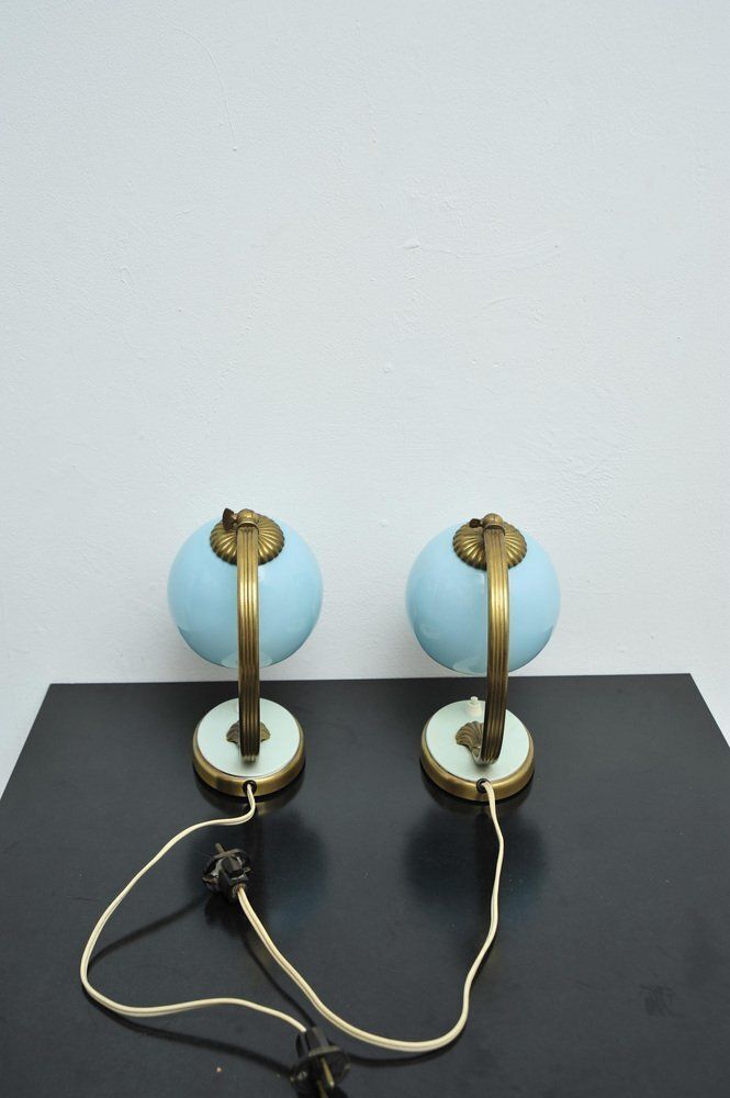 Bedside Lamps With Blue Glass And Bronze Bases, Set Of 2 photo 335.0