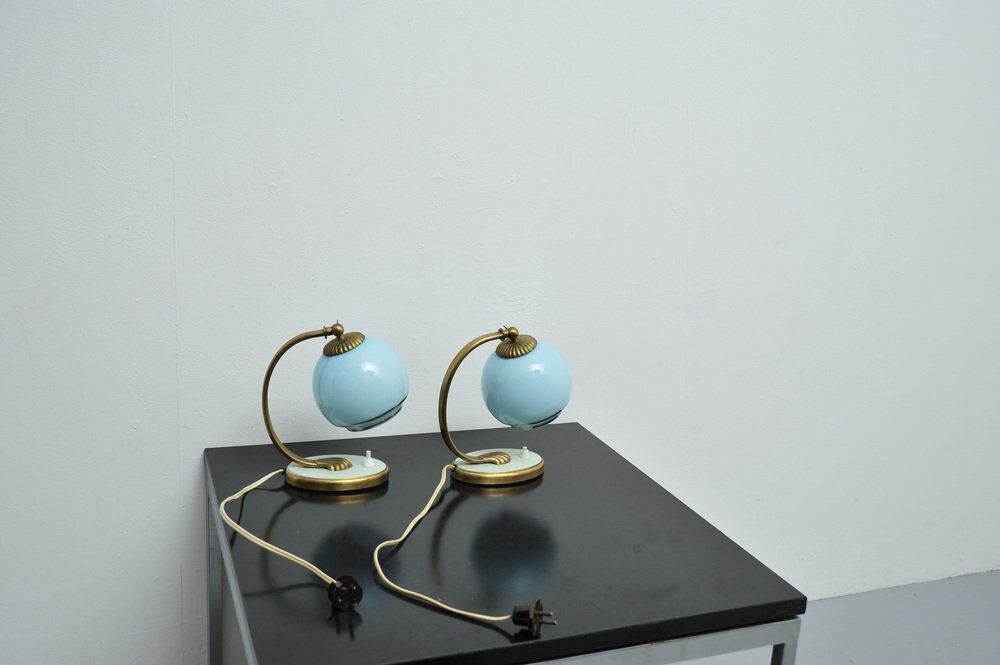 Bedside Lamps With Blue Glass And Bronze Bases, Set Of 2 photo buy