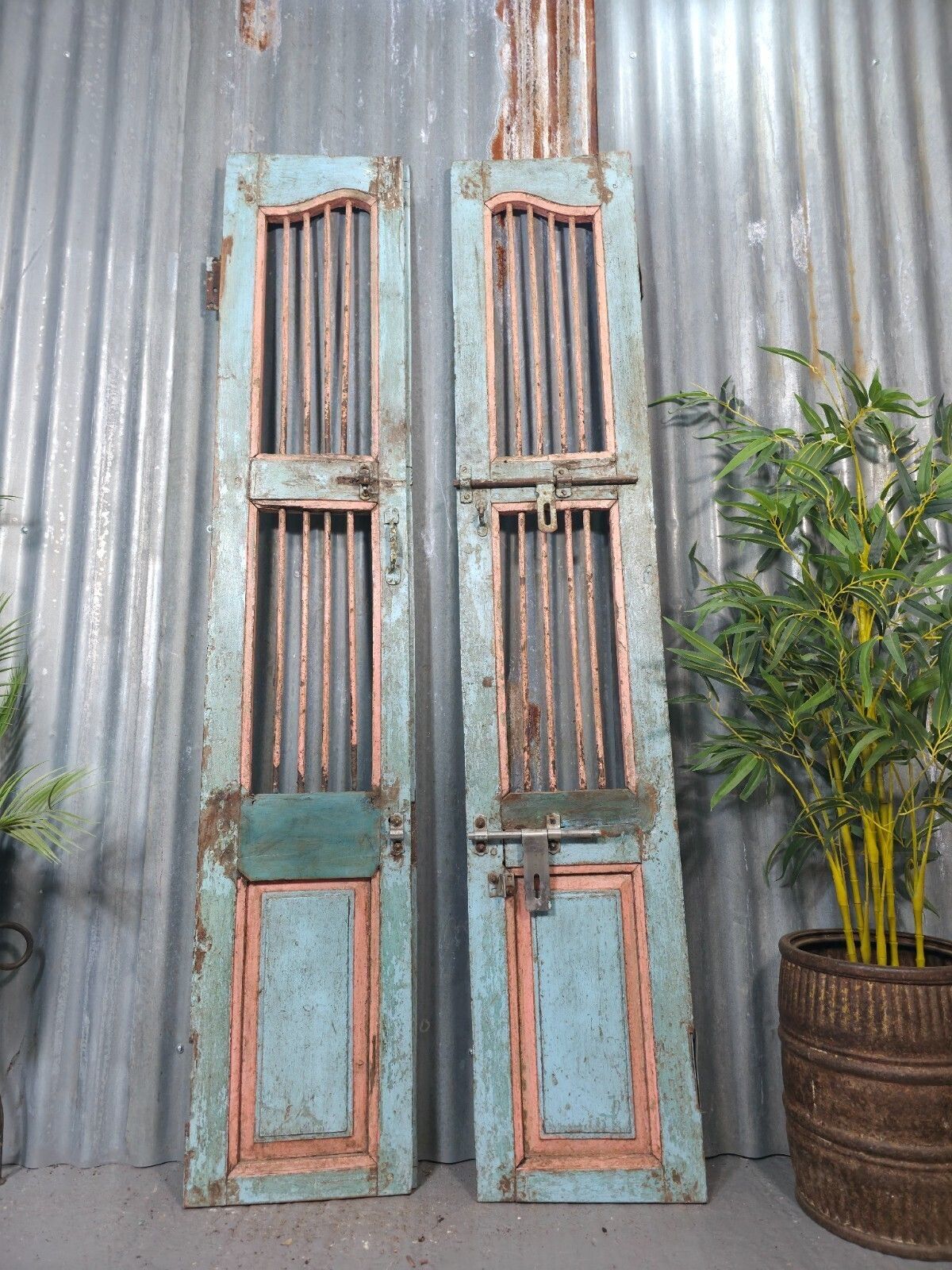 Pair Vintage Rustic Indian Wooden Iron Doors Garden Gates Room Divider Screen photo 245.0