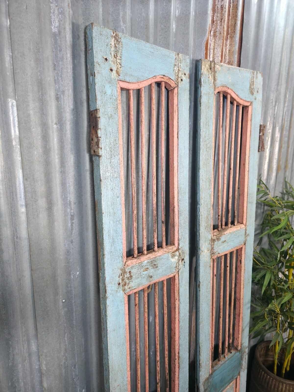 Pair Vintage Rustic Indian Wooden Iron Doors Garden Gates Room Divider Screen photo vintage