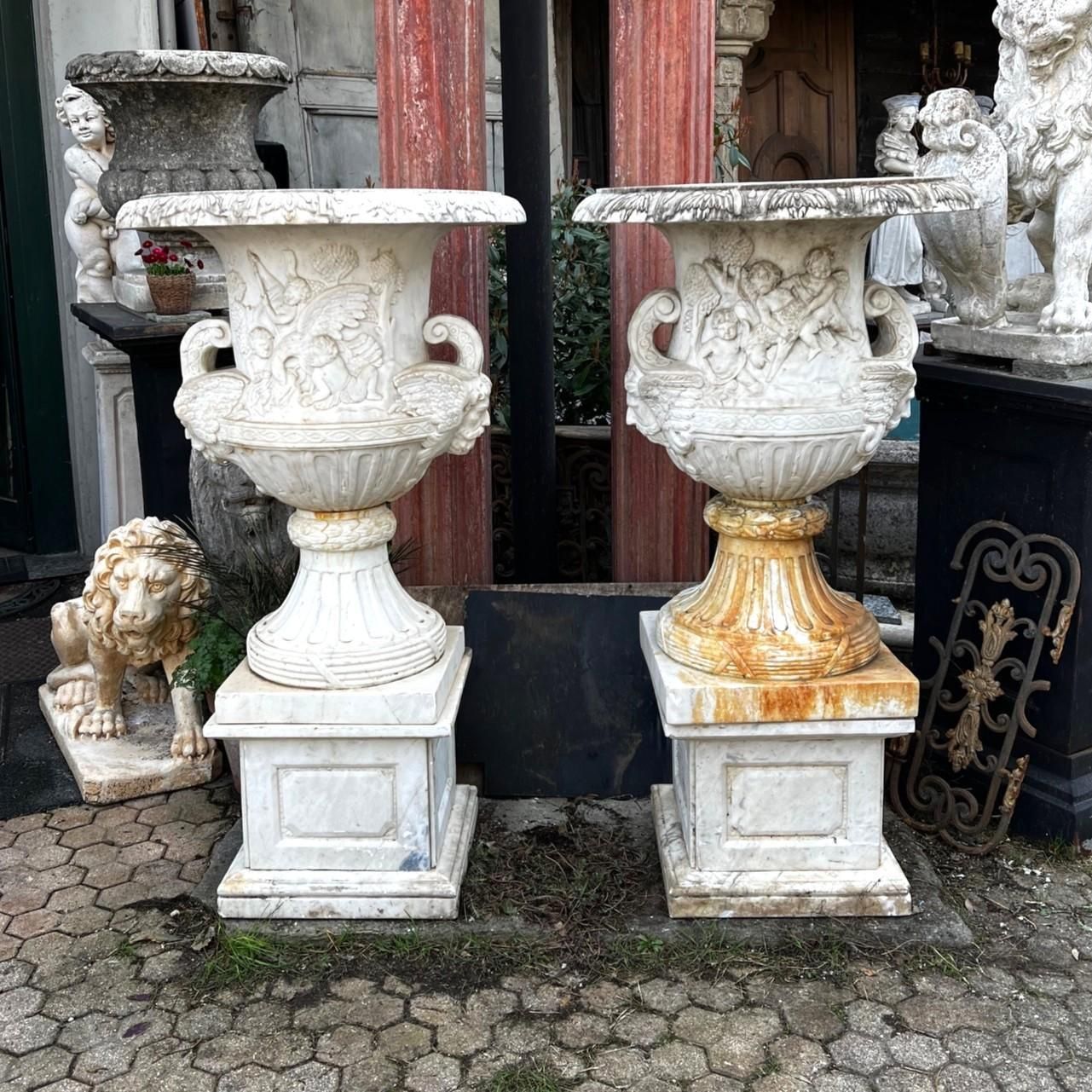 Pair Of White Marble Bowl Vases With Base, Italy photo for sale