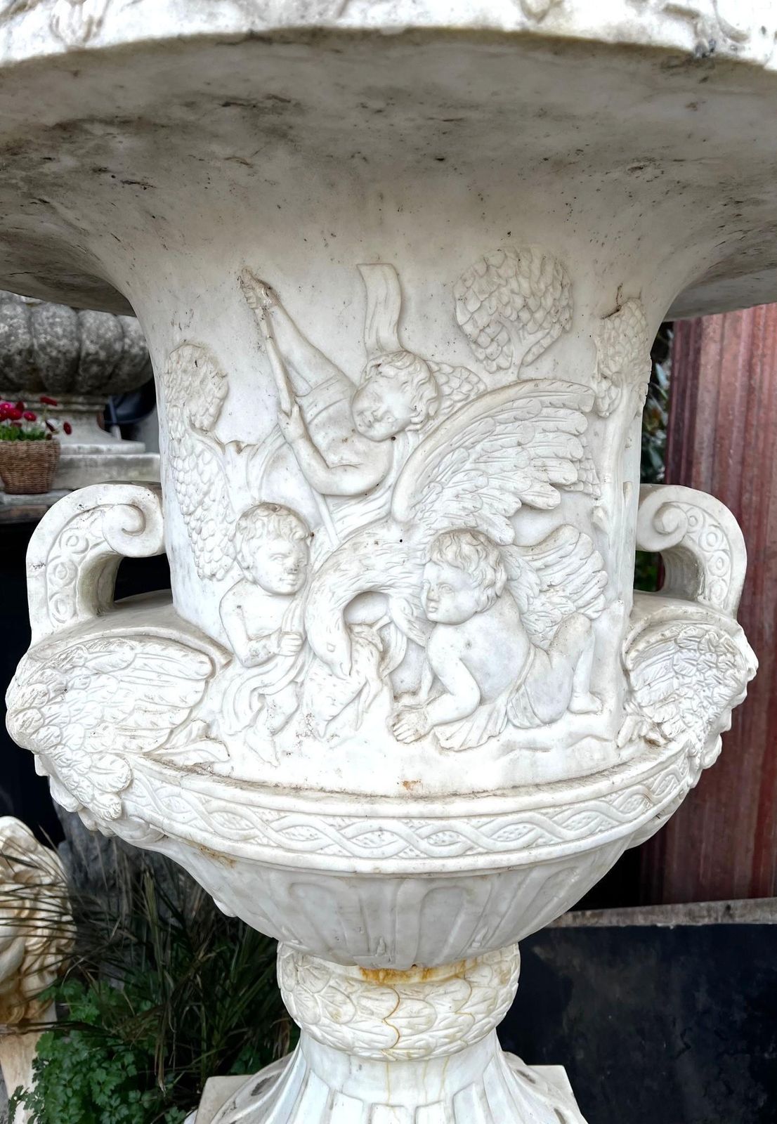 Pair Of White Marble Bowl Vases With Base, Italy photo vinterior