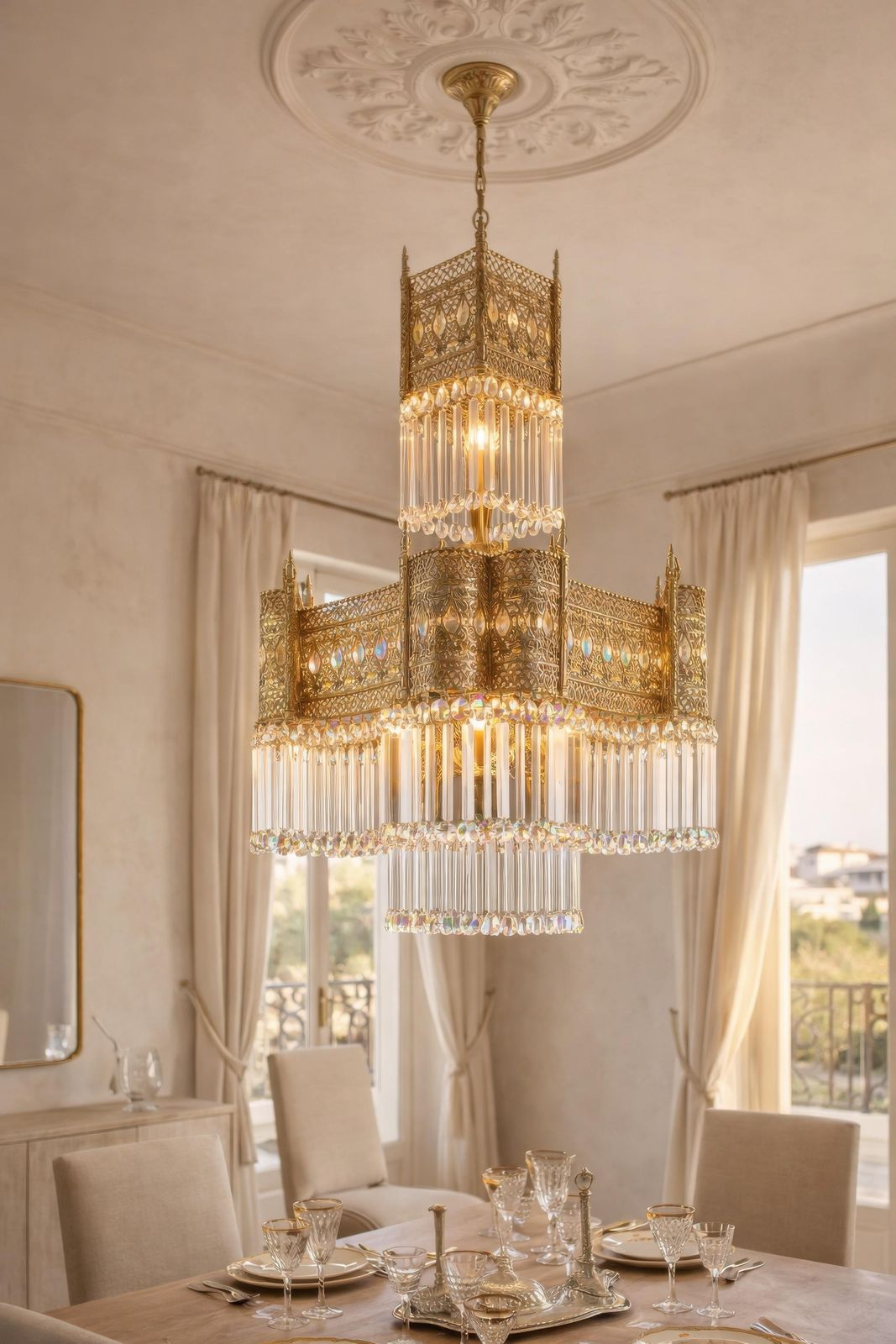 Hollywood Regency Gilt Bronze And Crystal Chandelier, Maison Jansen Style, 1970s photo furniture