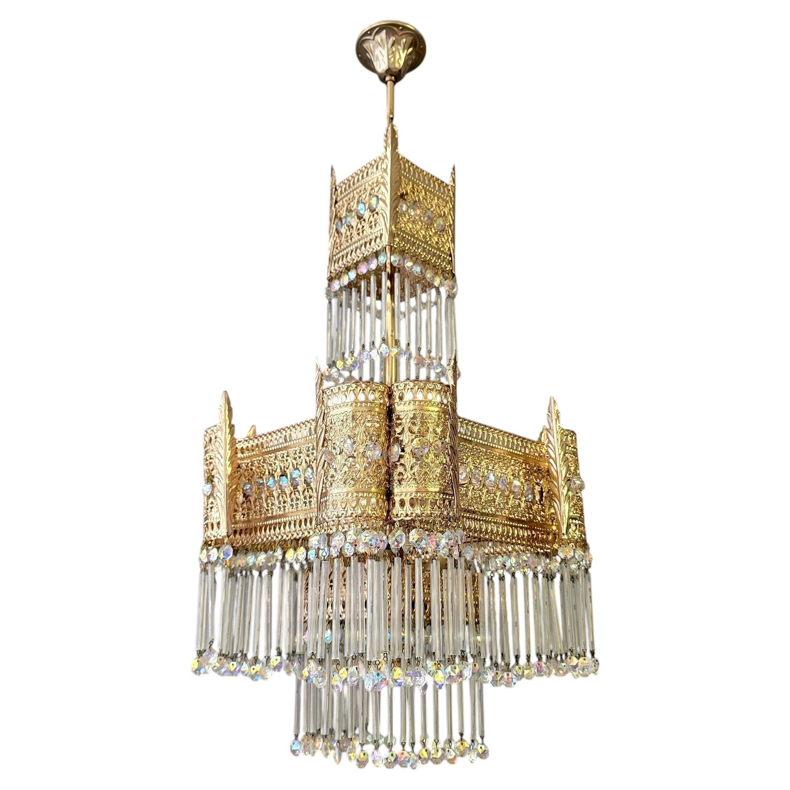 Hollywood Regency Gilt Bronze And Crystal Chandelier, Maison Jansen Style, 1970s photo Lighting