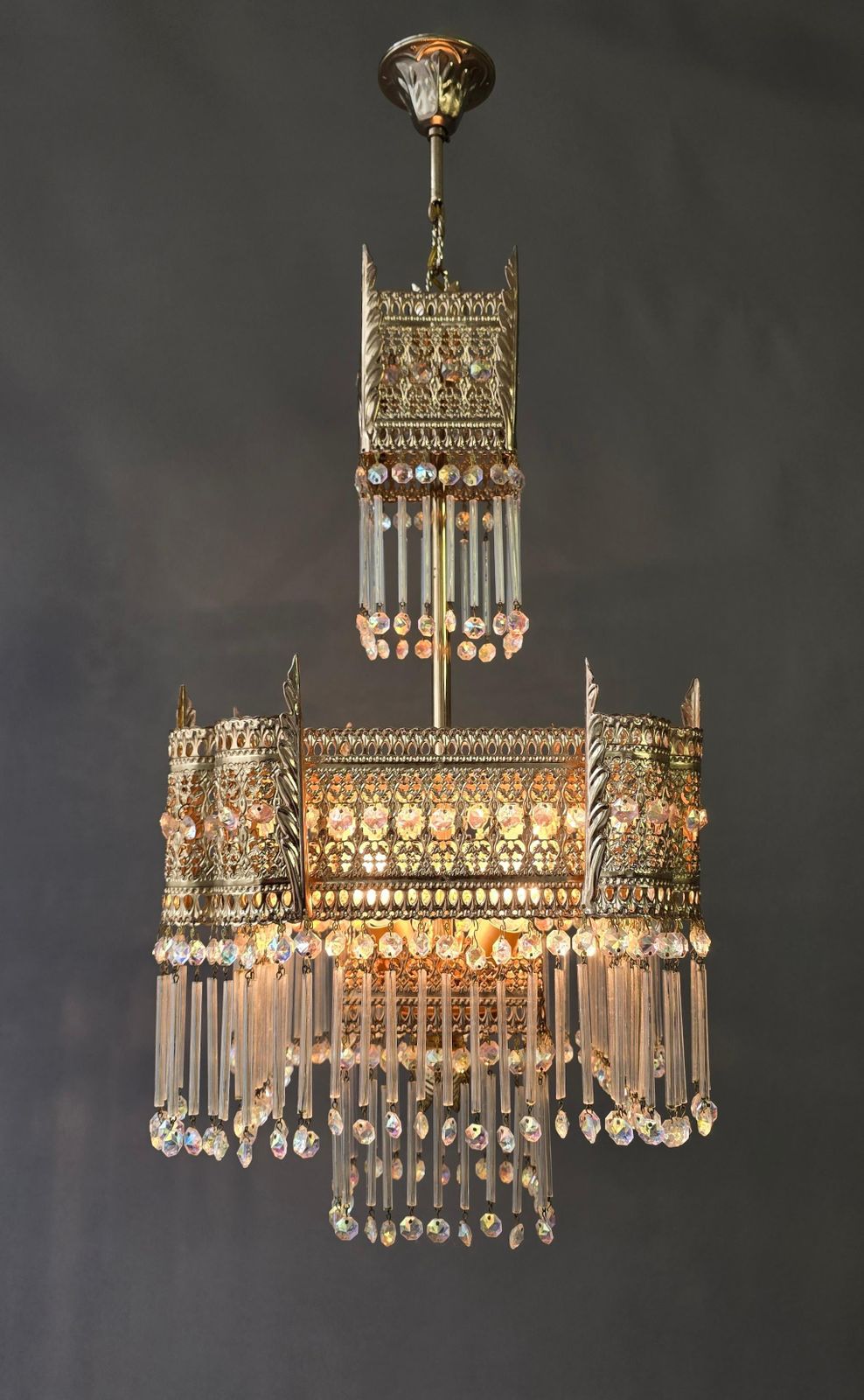 Hollywood Regency Gilt Bronze And Crystal Chandelier, Maison Jansen Style, 1970s photo vinterior