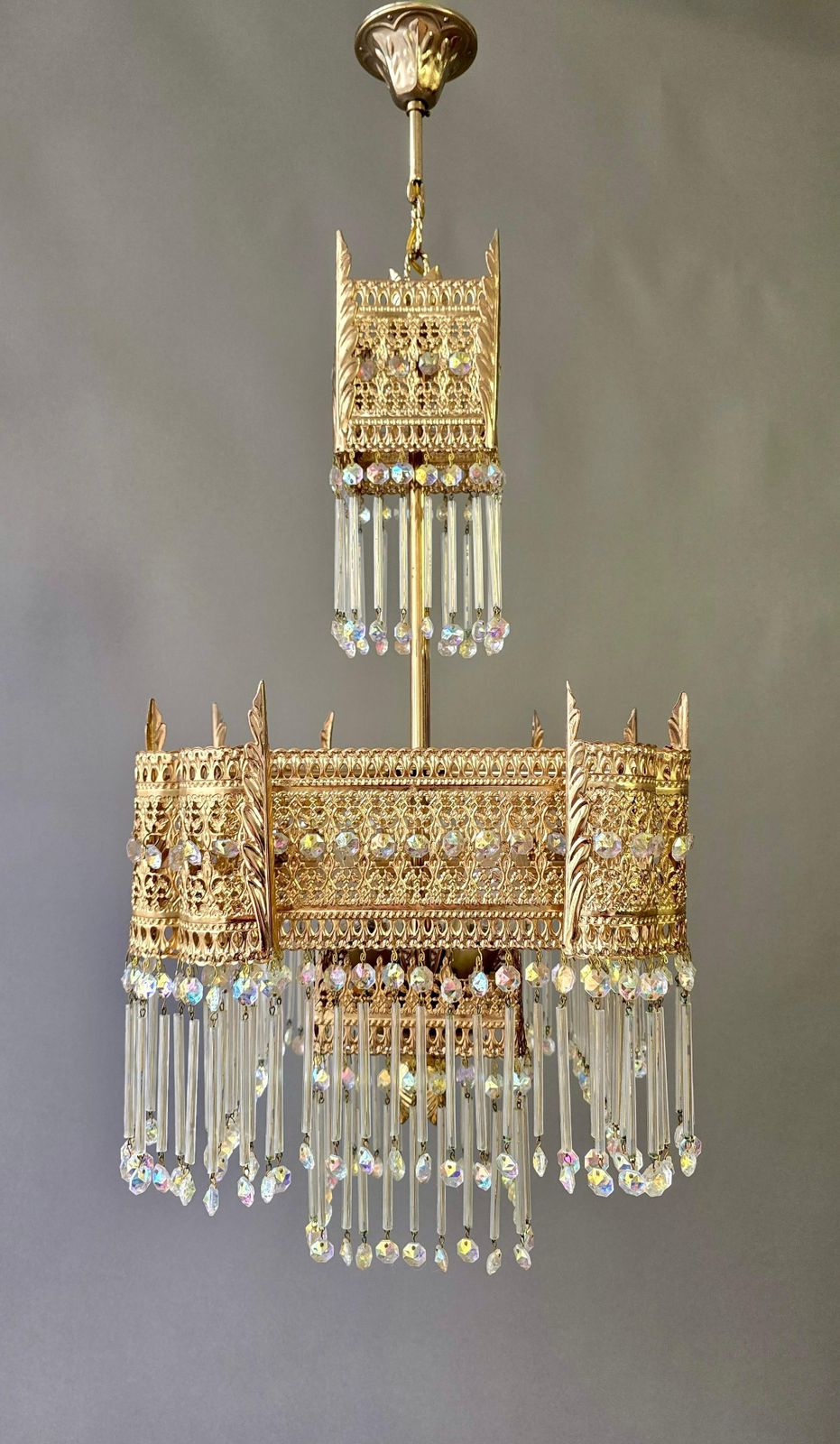 Hollywood Regency Gilt Bronze And Crystal Chandelier, Maison Jansen Style, 1970s photo buy