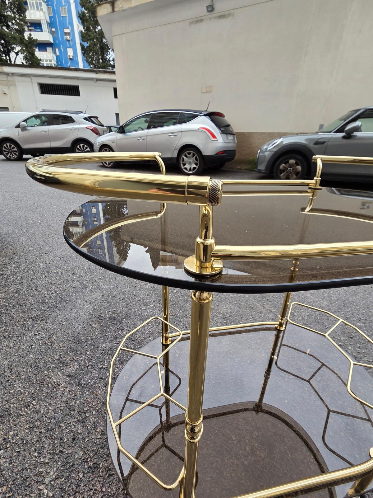 Elegant Oval Carrrllo Bar In Solid Brass And Crystal Fume' Italy 1970s photo furniture