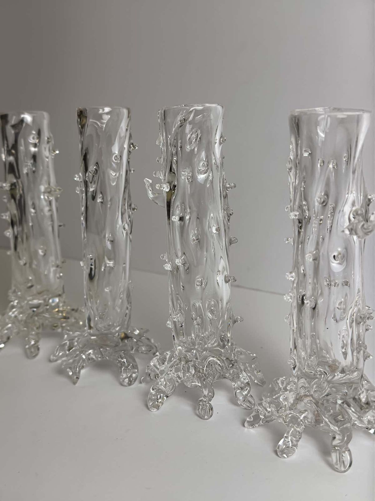 photo furniture Set Of Four Victorian Hand Blown Clear Crystal Thorn Vases, Czech, 1890s