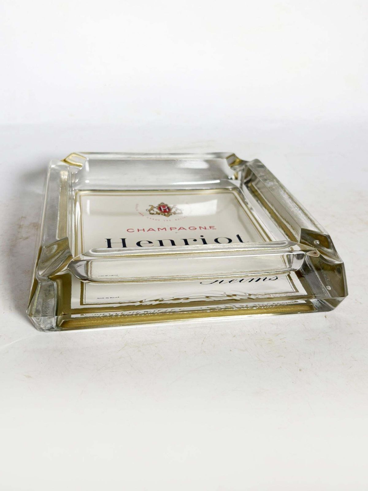 Henriot Champagne Ashtray, Thick Glass, Square Design, France, 1960s photo buy
