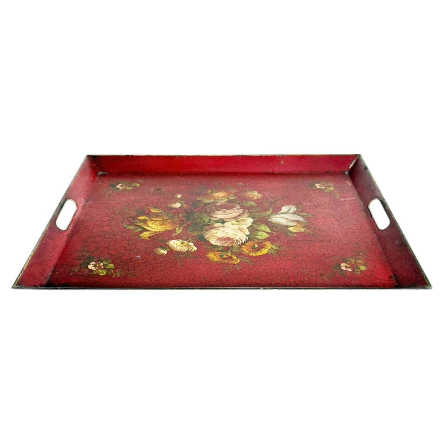 Red Iron Tray With Floral Motif, France, 1940