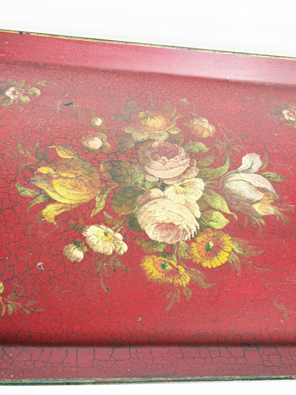 Red Iron Tray With Floral Motif, France, 1940 photo vinterior