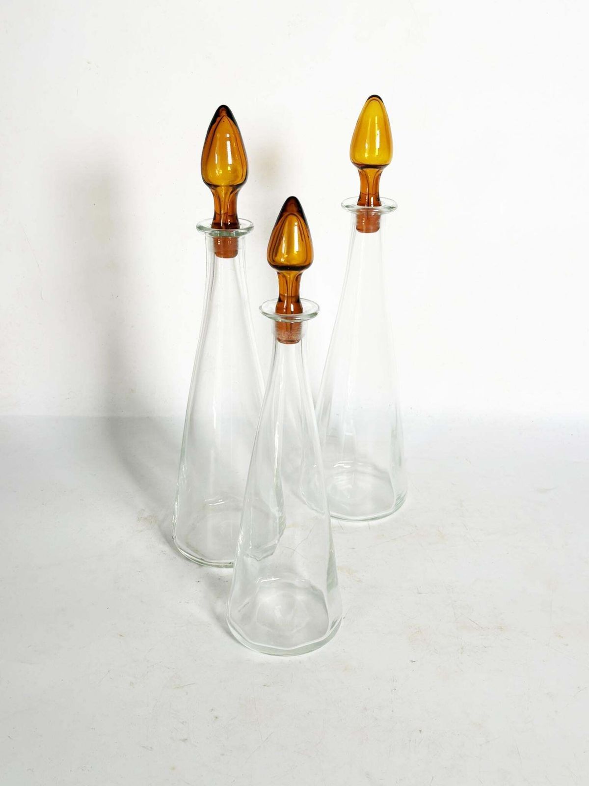 photo for sale Set Of 3 Art Glass Bottles With Orange Brown Stoppers, France, 1970
