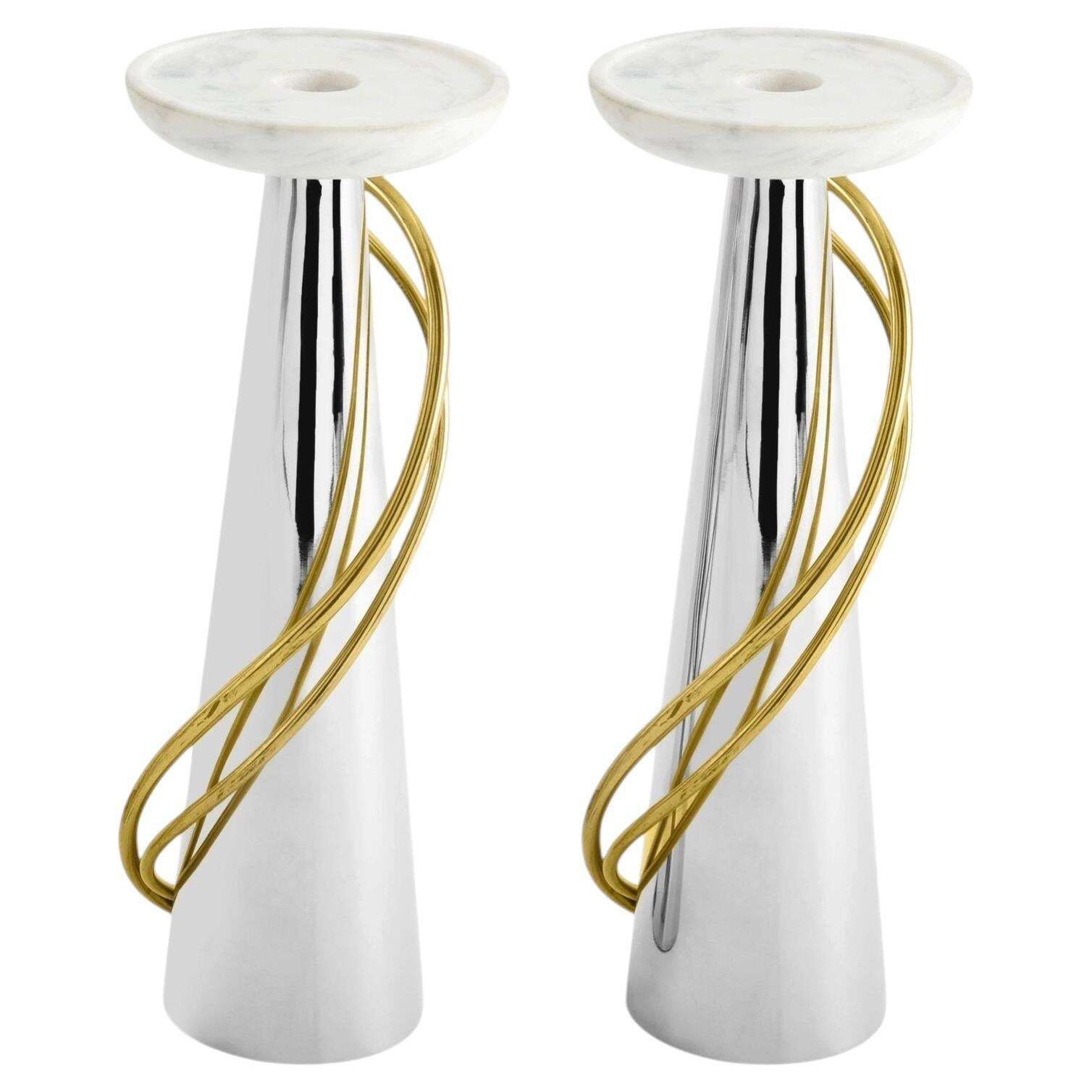 Pair Of Contemporary Silver And Gold Metal Candleholders
