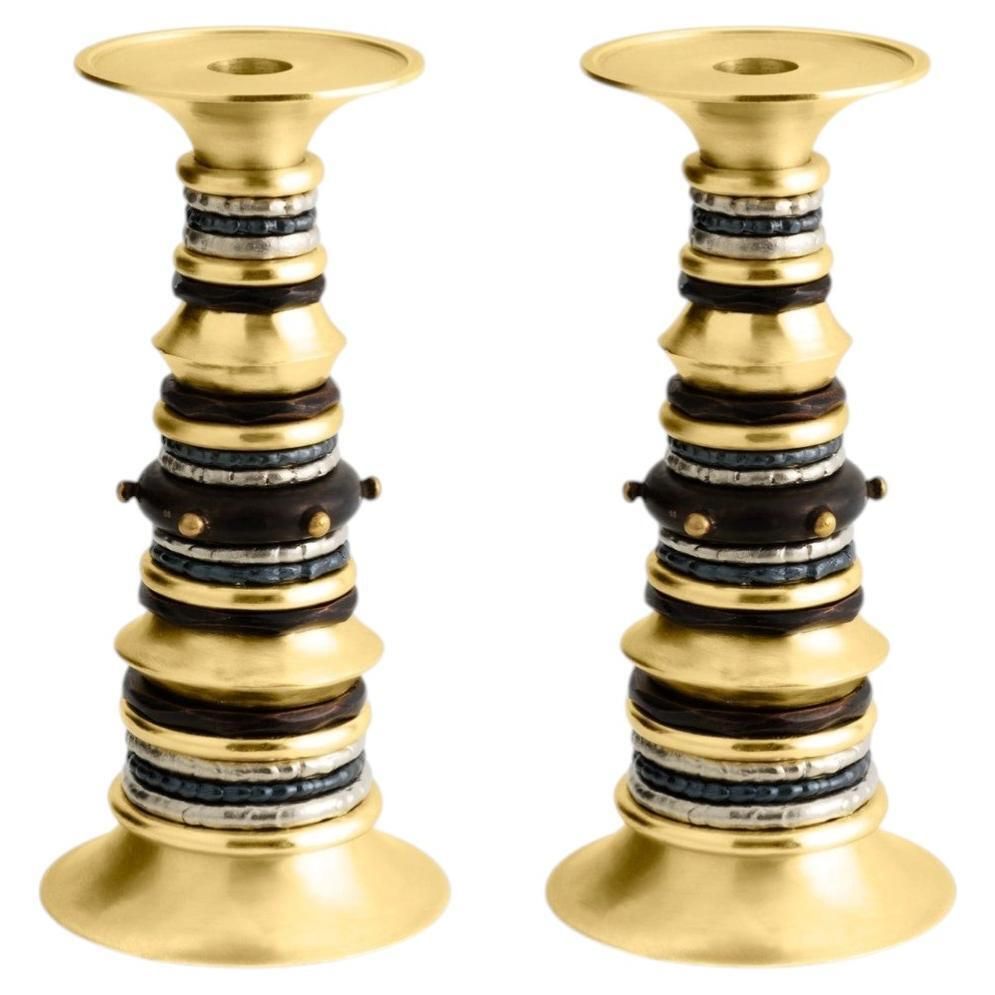 Pair Of Modern Brass And Patinated Metal Candleholders
