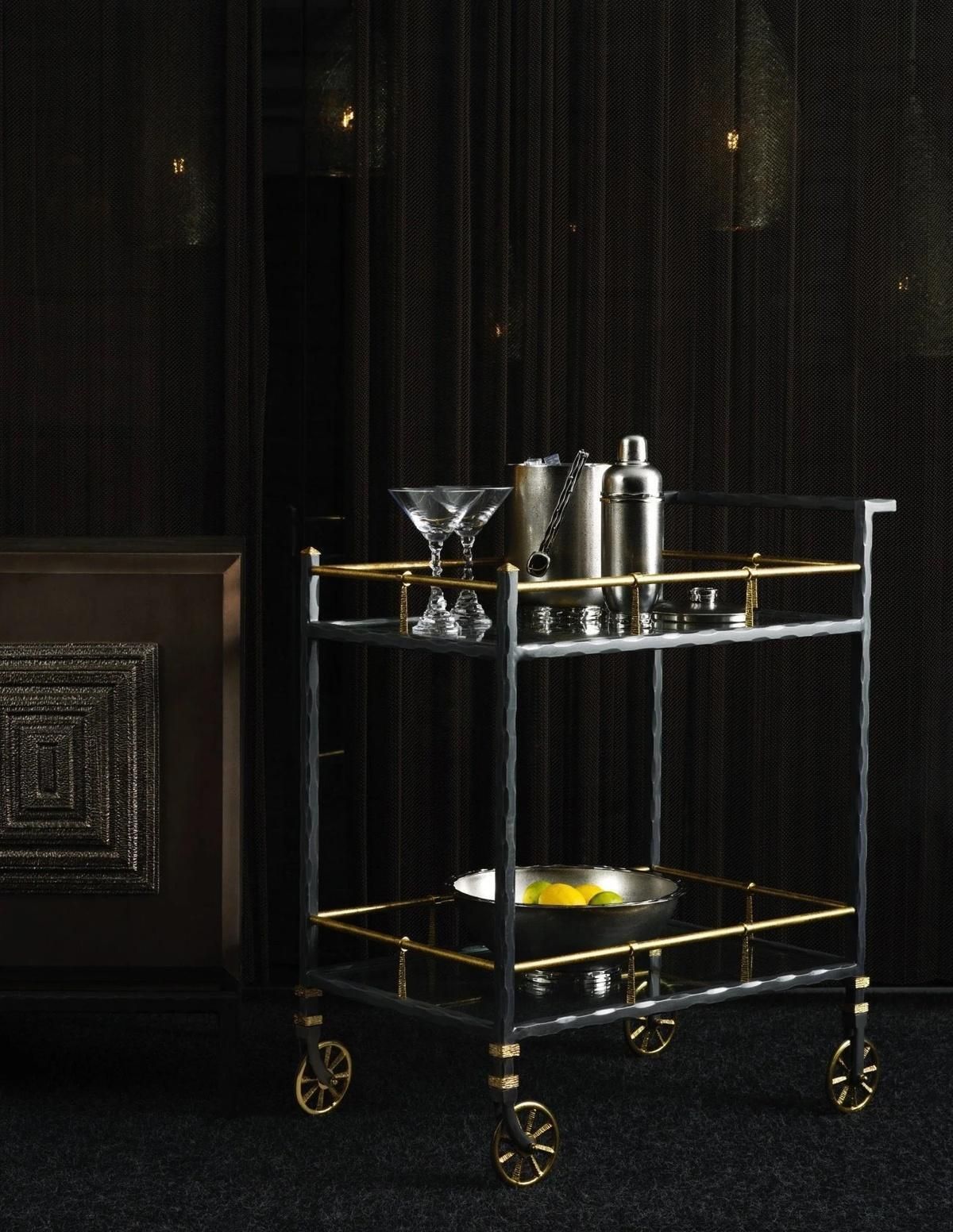 Contemporary Black Metal And Brass Bar Cart photo vinterior
