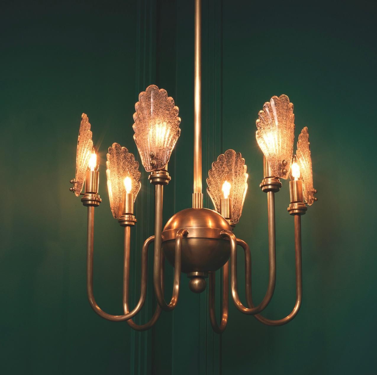 Chandelier In Brass And Handmade Textured Glass, Neoclassical Style photo for sale