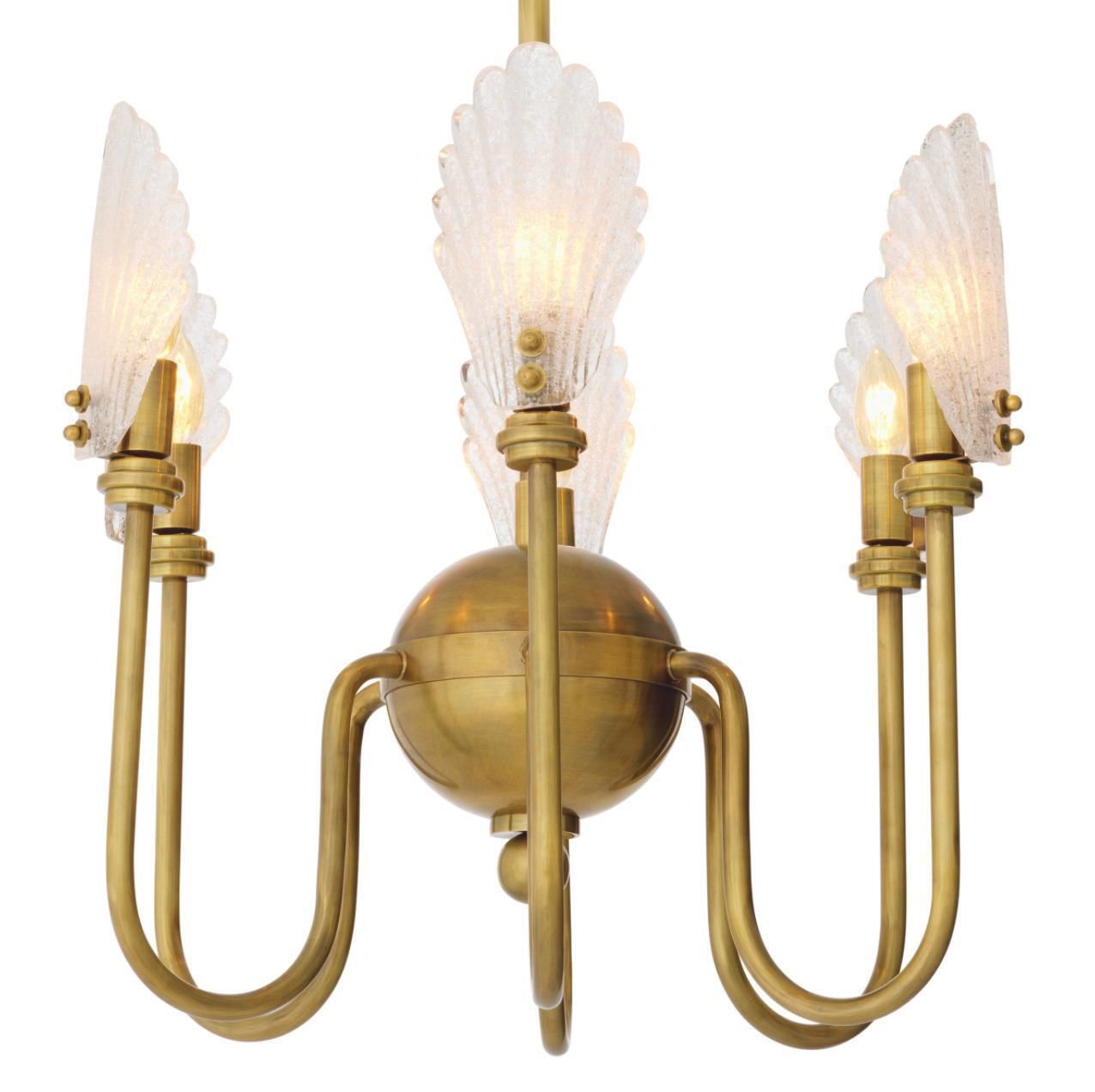 Chandelier In Brass And Handmade Textured Glass, Neoclassical Style photo vinterior
