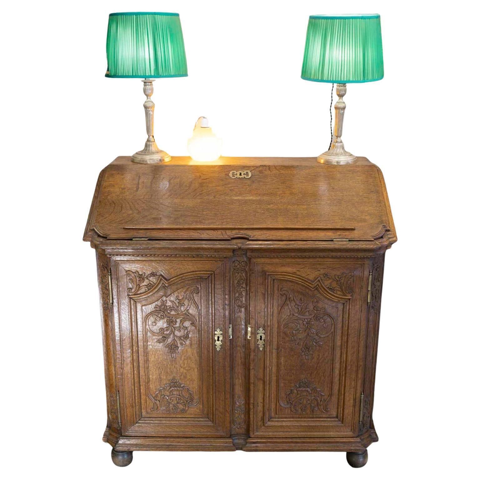 19th Century Sideboard Forming A Sloping Desk, Carved Oak, Napoleon III Period.