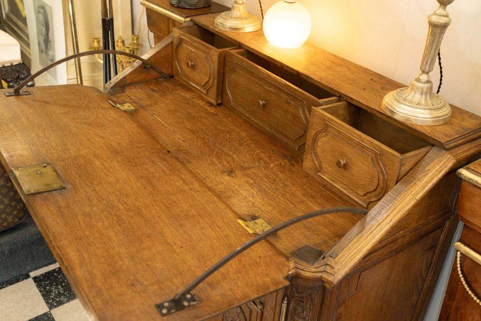 19th Century Sideboard Forming A Sloping Desk, Carved Oak, Napoleon III Period. photo vinterior