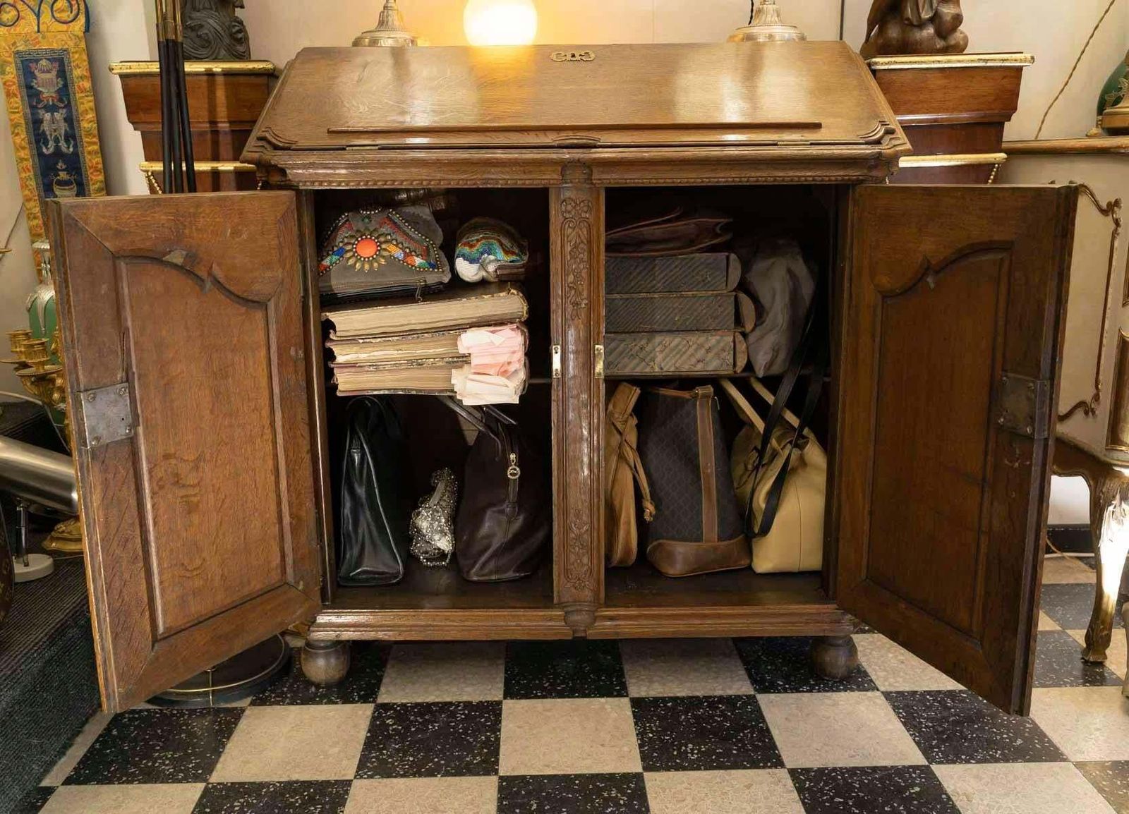 photo vinterior 19th Century Sideboard Forming A Sloping Desk, Carved Oak, Napoleon III Period.