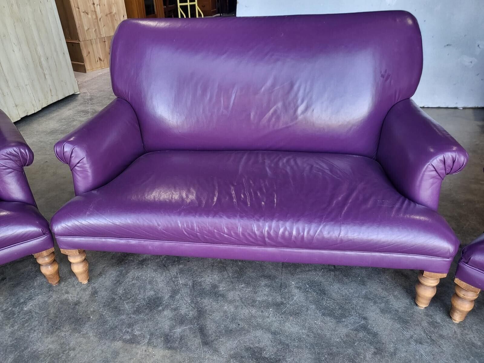 Antique Repro Leather 2 Seat Sofa 2 X Armchairs Wood Legs photo furniture