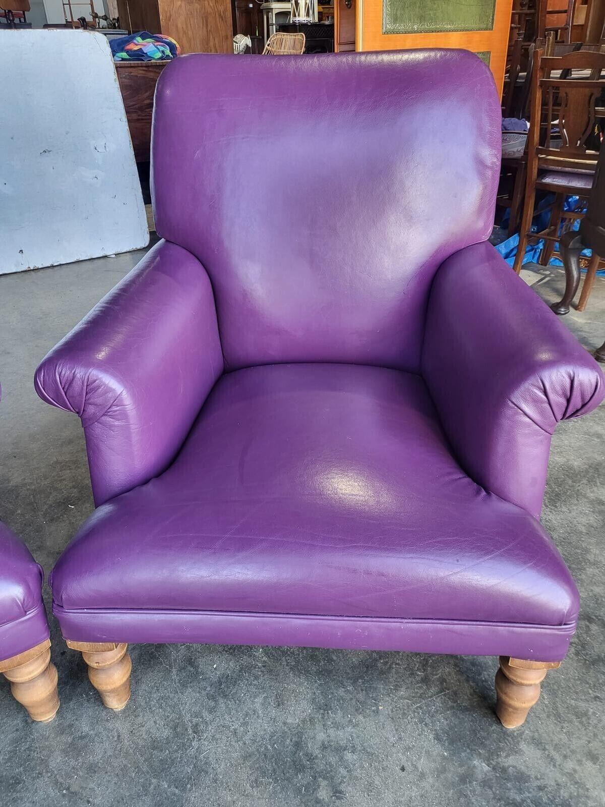 Antique Repro Leather 2 Seat Sofa 2 X Armchairs Wood Legs photo for sale