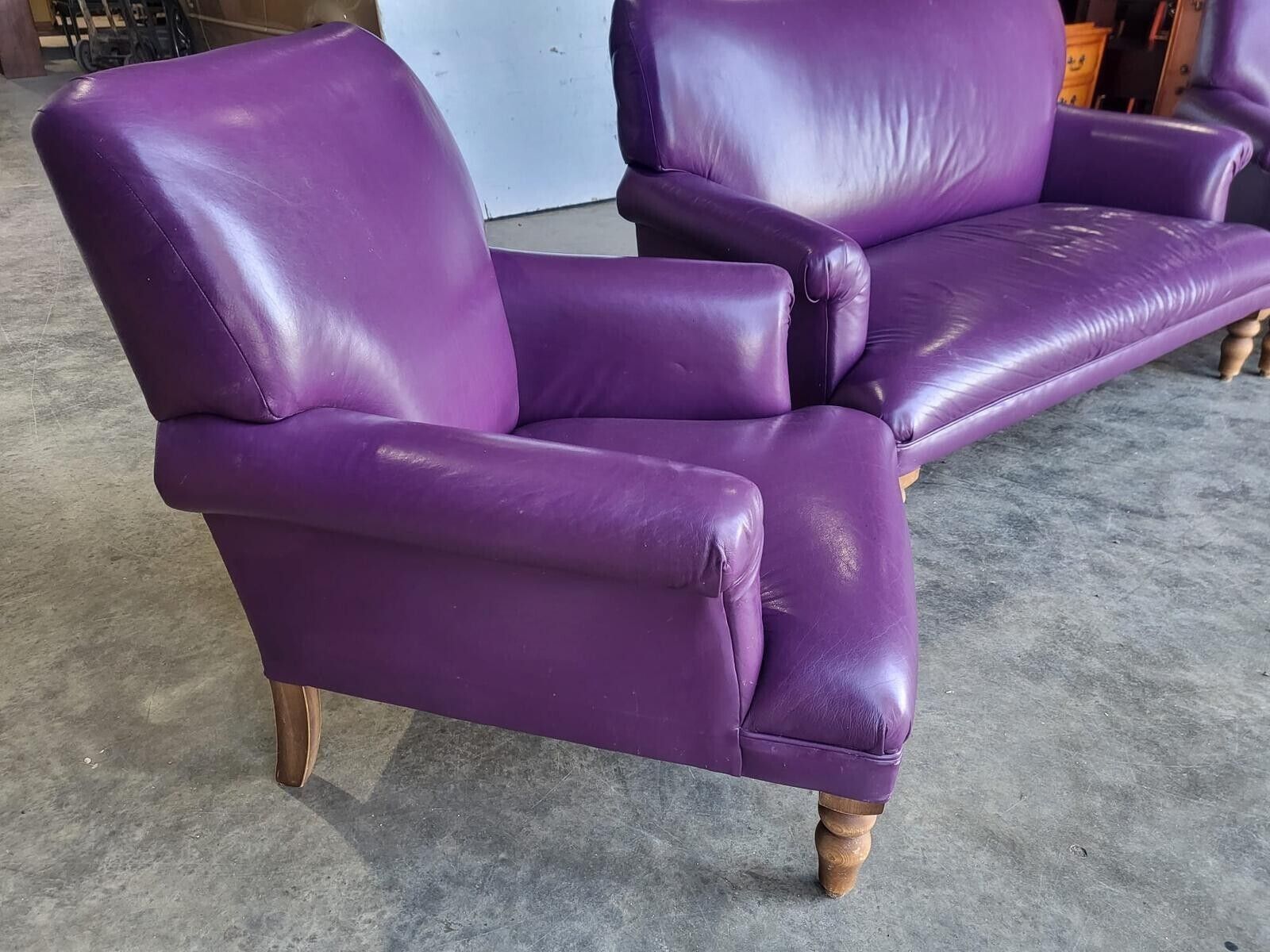 Antique Repro Leather 2 Seat Sofa 2 X Armchairs Wood Legs photo vinterior